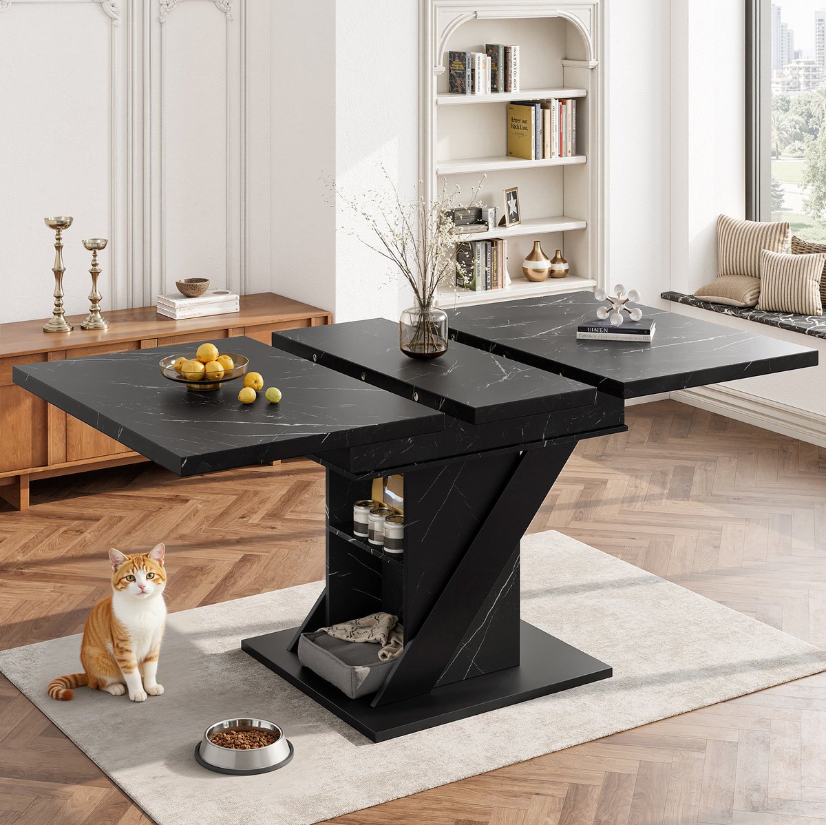 Wishdor Eettafel - Uitschuifbaar - Modern minimalistisch - Keuken woonkamer kantoor - MDF metaal - Ruimtebesparend - Zwart marmerlook - 110 x 80 x 75 cm