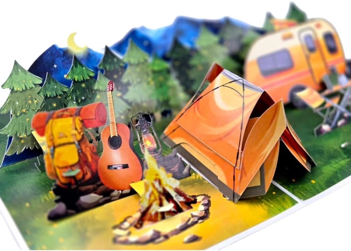 Elzusha - 3D Pop-up Wenskaart Camping - Handgemaakt met Tent en Caravan