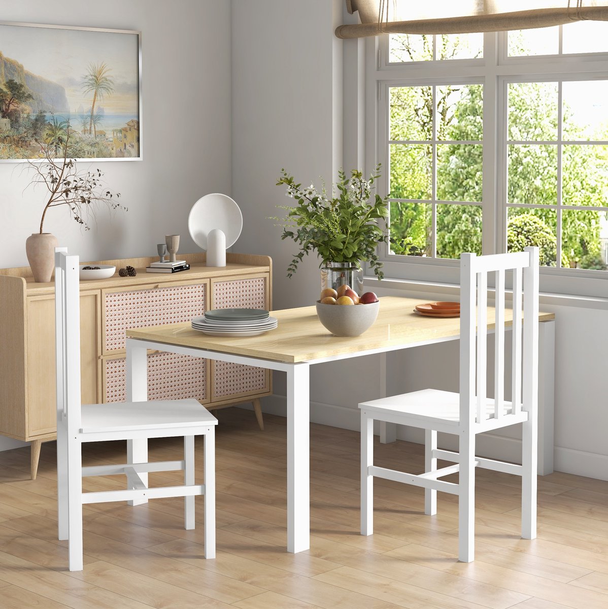 MIVRAY Eetkamerstoel Set van 2 - Wit Houten Landelijke Stoelen Met Hoge Rugleuning En Lamellen - Voor Eetkamer En Keuken - Hout Wit