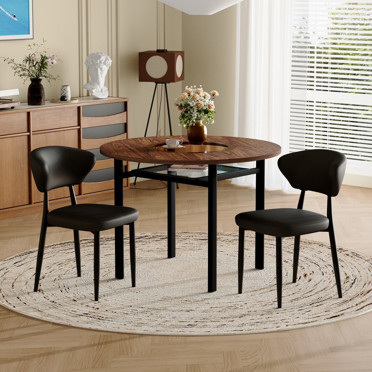 Wishdor Ronde eettafelset - 2 stoelen - Modern minimalistisch - Houtlook - Bruin zwart - Ø 100 cm