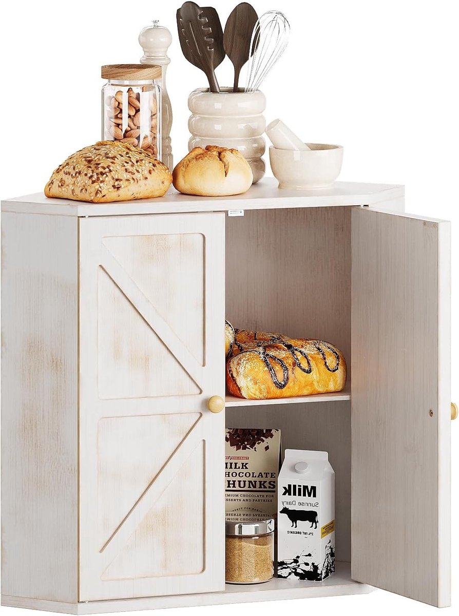 Bamboe Hoek Brooddoos met 2 Niveaus - 31 x 31 x 42 cm - Vintage Witte Afwerking, Ruimtebesparend en Stijlvol