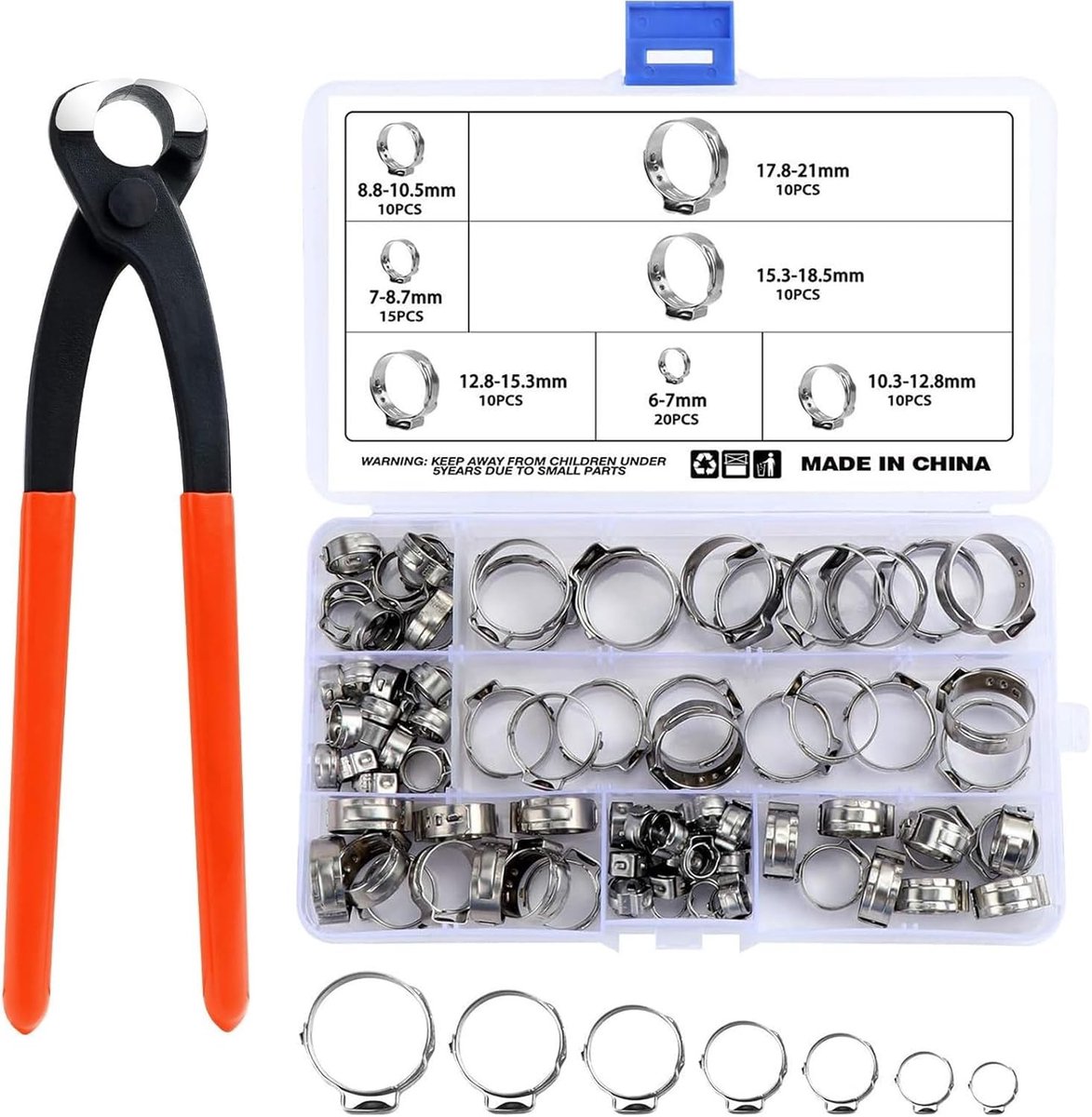 Set van 85 RVS Slangklemmen van 6-21mm met Klemring en Klemtang voor Slangen en Buizen