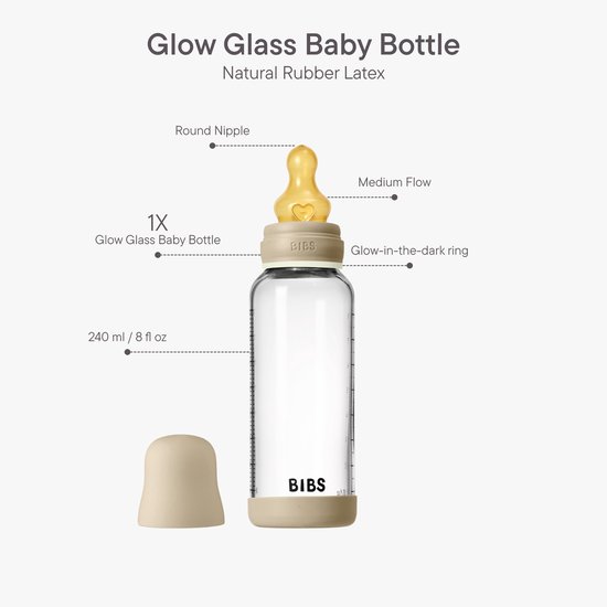BIBS Glazen Babyfles - 240 ml - 1-pack - Natuurrubberen speen - Vanilla Glow — afbeelding 2
