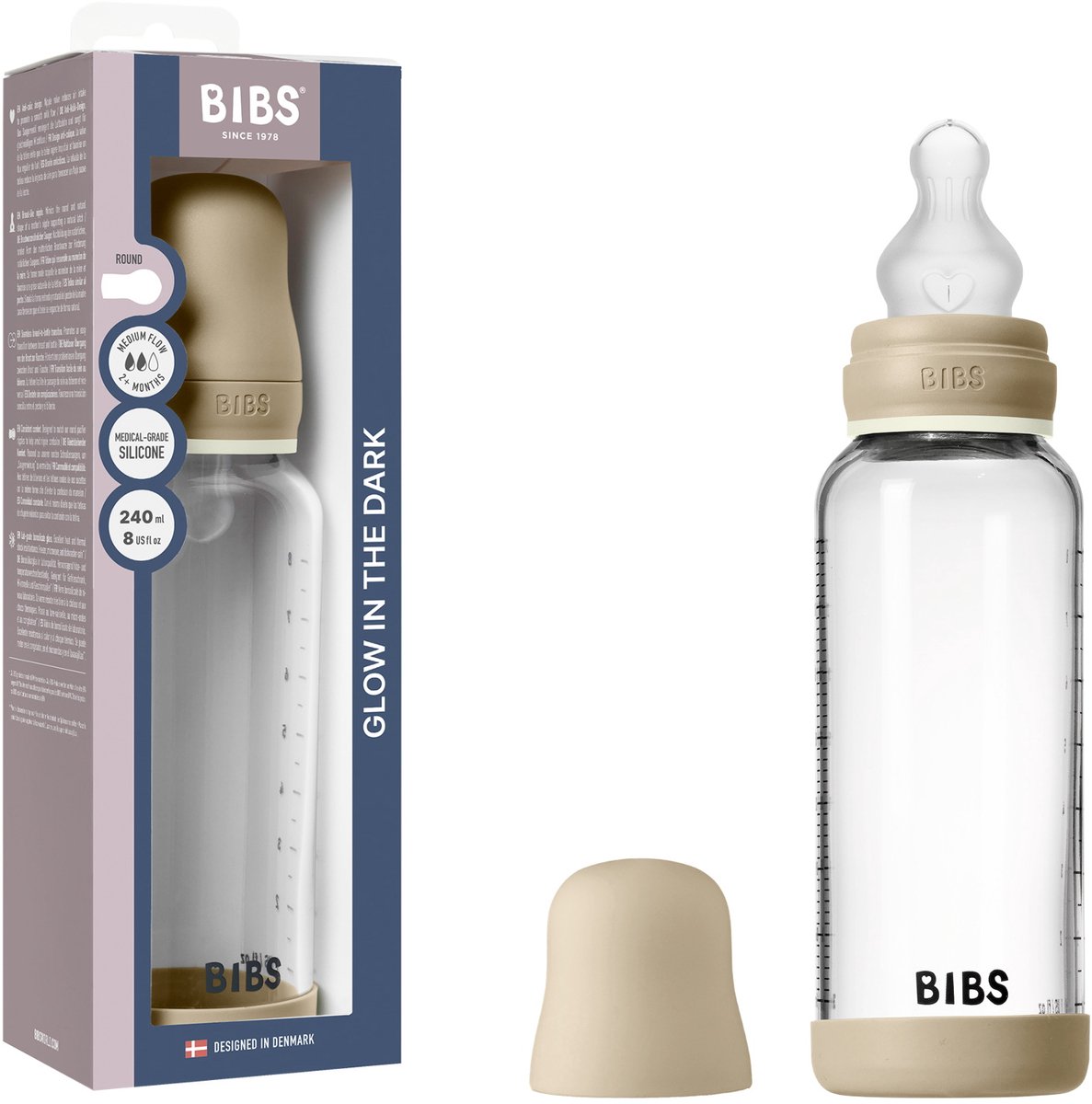 BIBS Glazen Babyfles - 240 ml - 1-pack - Siliconen speen - Vanilla Glow
