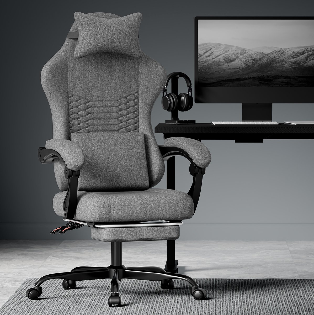 Wishdor Gamingstoel van stof - Donkergrijs - Met hoofdsteun en voetsteun - Verstelbare zithoogte en kantelbare rugleuning - Voor volwassenen - 50 x 57 x 124,1 cm