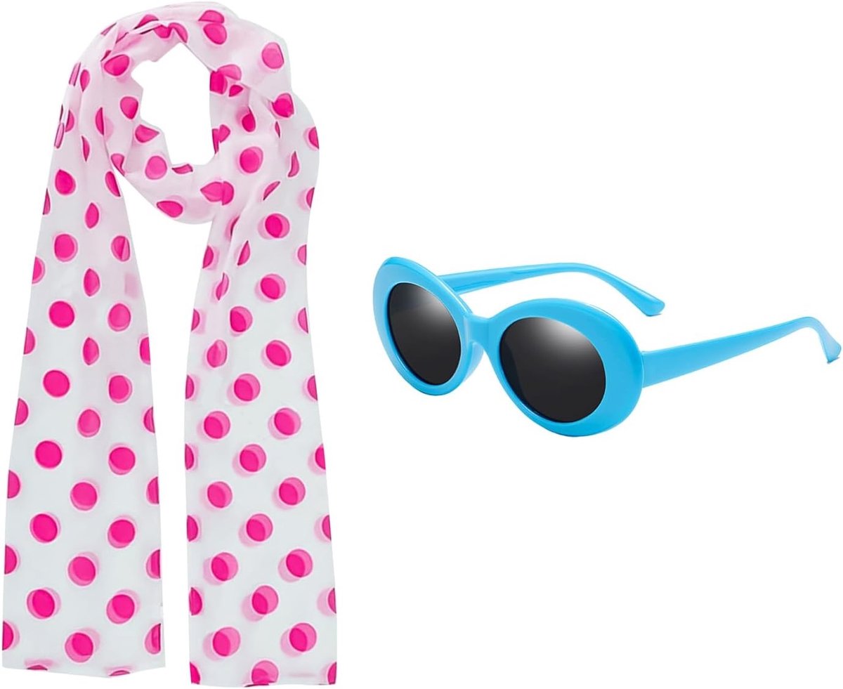 2-delige set met roze stippen sjaal en blauwe zonnebril voor retro Halloween kostuumaccessoires, feestoutfit en modeaccessoires