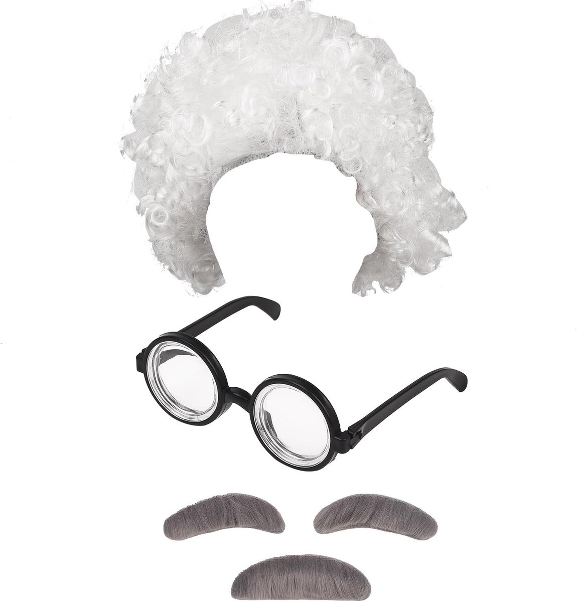 4-delig kostuumset voor gekke wetenschapper met pruik, nepbart, wenkbrauwen en grappige brillen voor festivals en cosplay evenementen