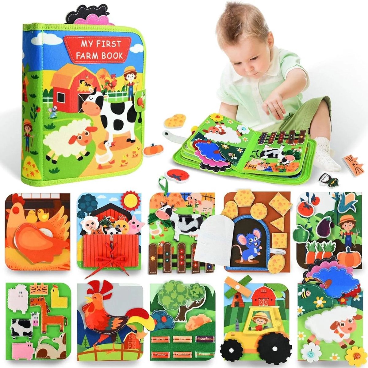 casalora - Busy Board Boek - Montessori Speelgoed - Sensorisch speelgoed 4 jaar montessori activiteitenboek voor onderweg - Busy book Cadeau meisjes en jongens - Peuter kinderspeelgoed 1 tot 3 jaar - Boerderij-boek