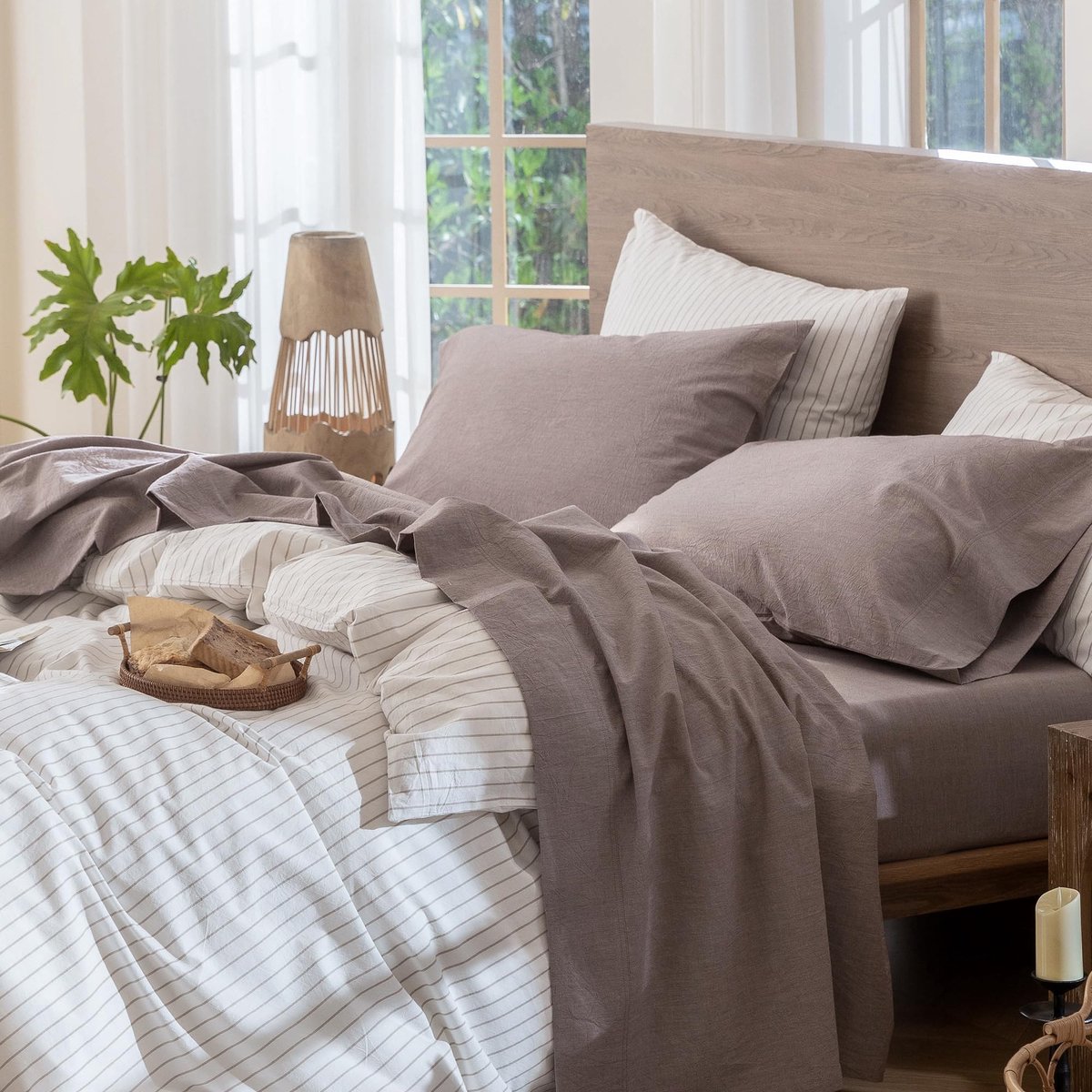 MooMee Beddengoedset, 100% gewassen katoen, linnen, gestructureerd, ademend, duurzaam, zacht, comfortabel (mauve - ShopVlot