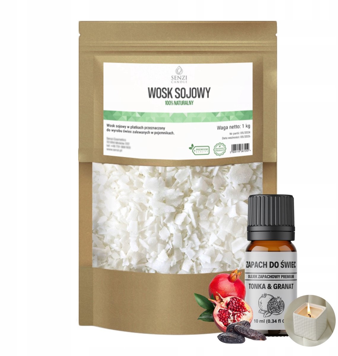 1kg Sojawax voor Kaarsen + Tonka & Granaatappel Geur 10ml Gratis