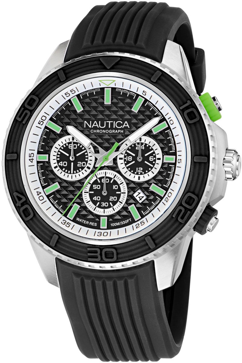 Nautica Nautica One Quartz Chronograaf Horloge Zwart Kast Gemaakt Van 100% Roestvrij Staal En Een Bandje Van 100% Siliconen 48 NAPNOS601, NAPNOS603