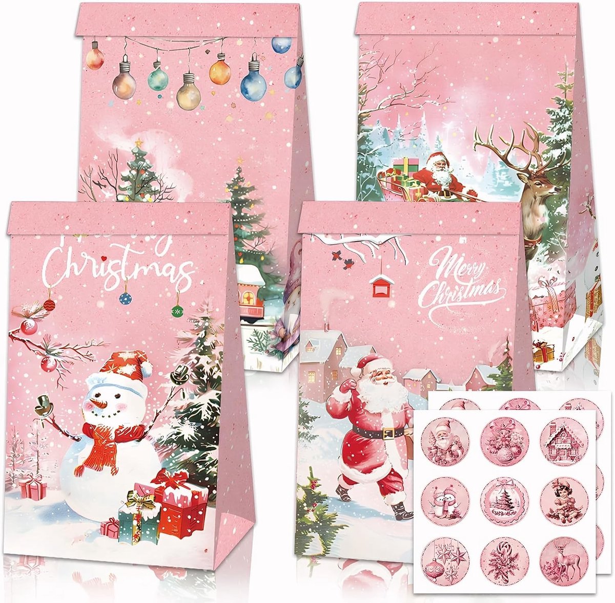 Cadeauzakjes voor Kerstmis - 12 stuks papieren zakjes met stickers voor geschenken, snoepfeest en adventskalenderdecoratie