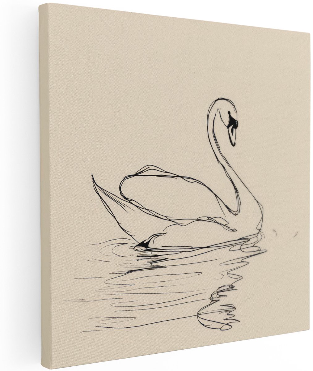 Artaza Canvas Schilderij Zwaan - 100x100 cm - Groot - Line Art Wanddecoratie - Muurdecoratie Vogels - Decoratie Minimalistisch - Schilderijen Op Canvas