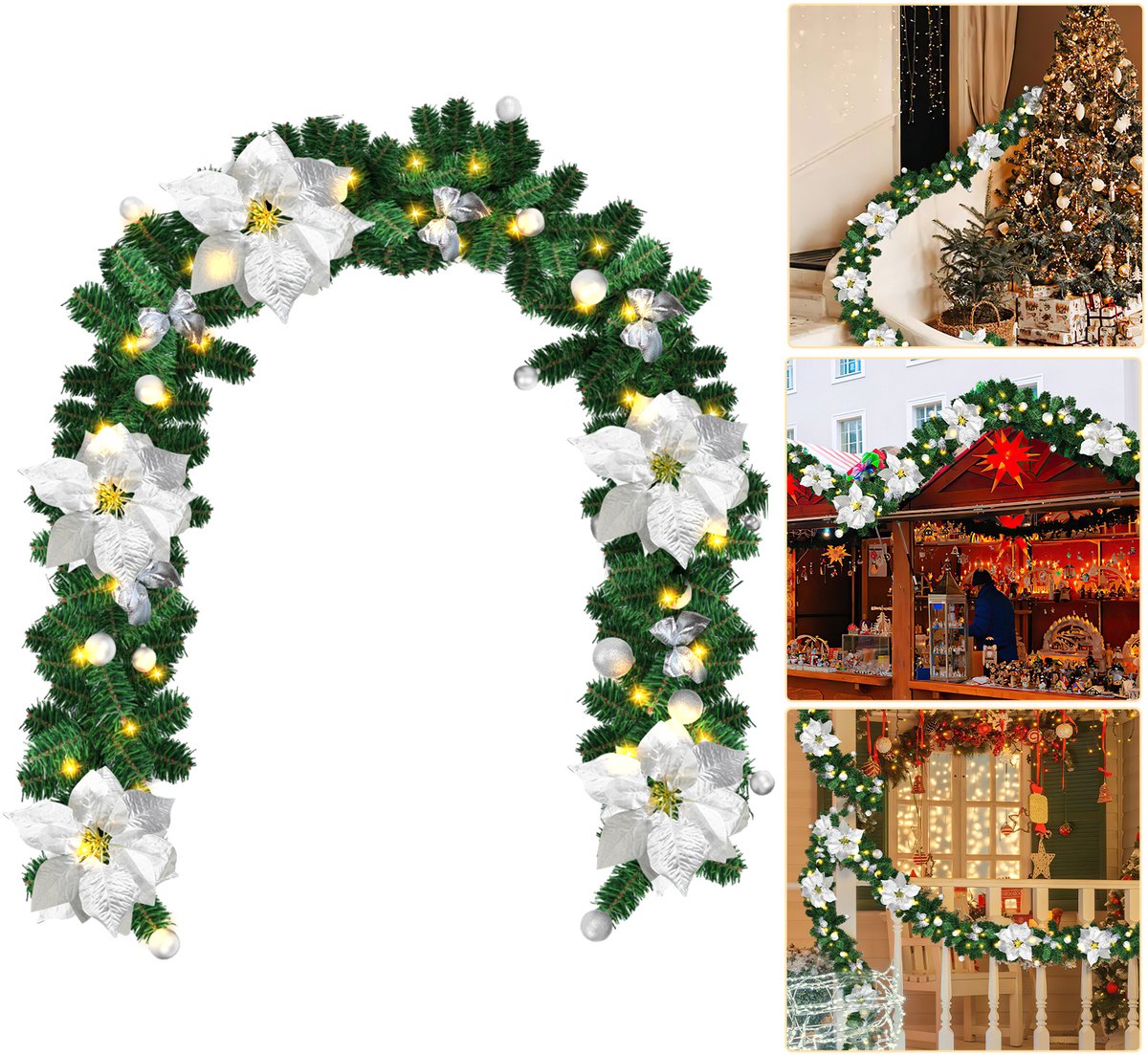 LED-kerstguirlande 2,7 m - zilverkleurig decor - op batterijen