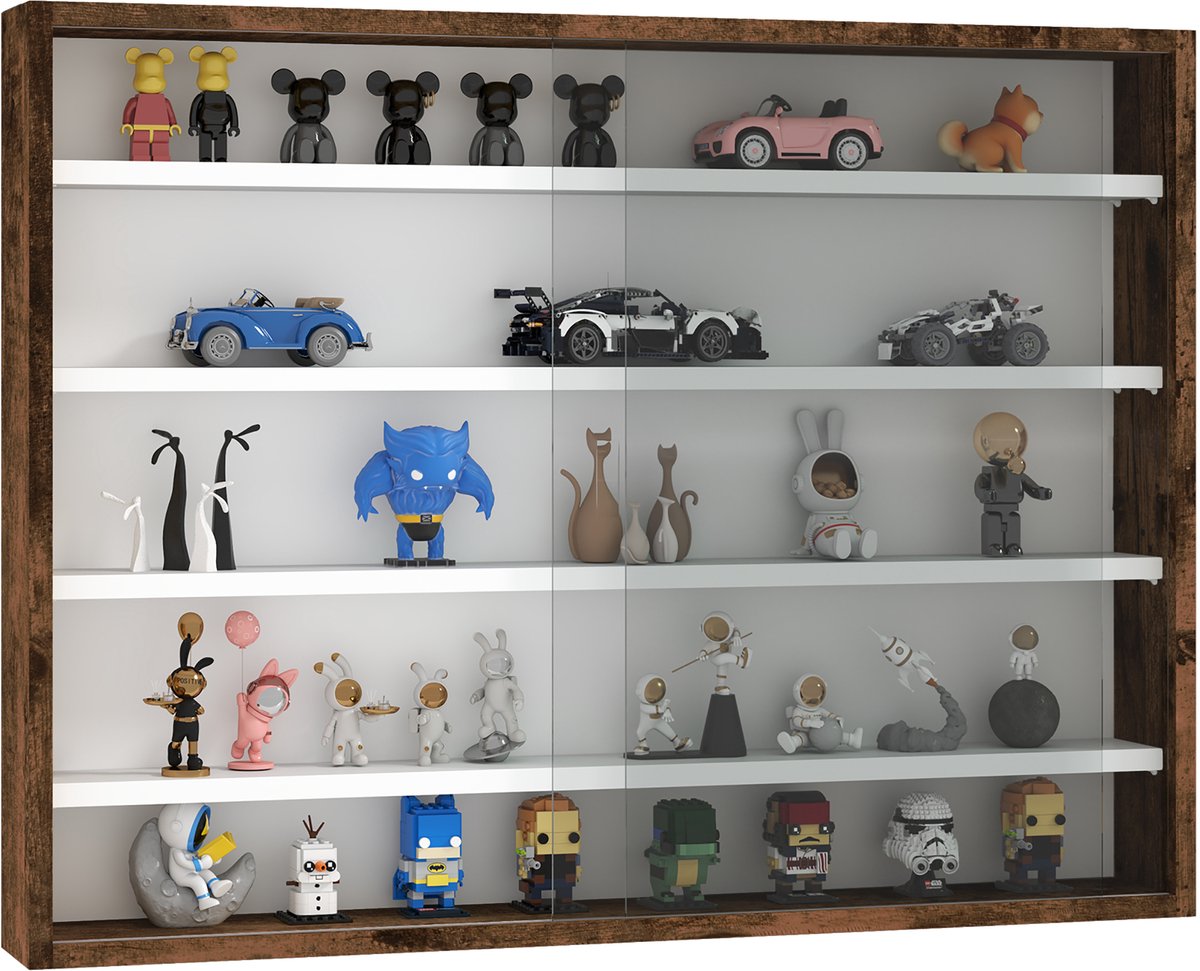 Vitrine voor wandmontage, 80 x 9,5 x 60 cm, met 4 in hoogte verstelbare legplanken en 2 glazen schuifdeuren voor een verzameling beeldjes en miniatuurauto’s,