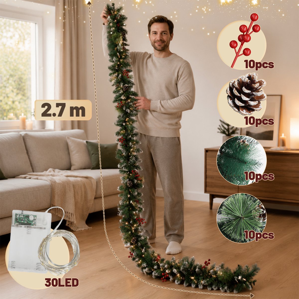 Kunstmatige kerstguirlande, 2.7 m, 50 warmwitte LED-verlichting, met kerstballen, sneeuwvlokken en strikken, USB-voeding, op batterijen - voor binn... – foto 2