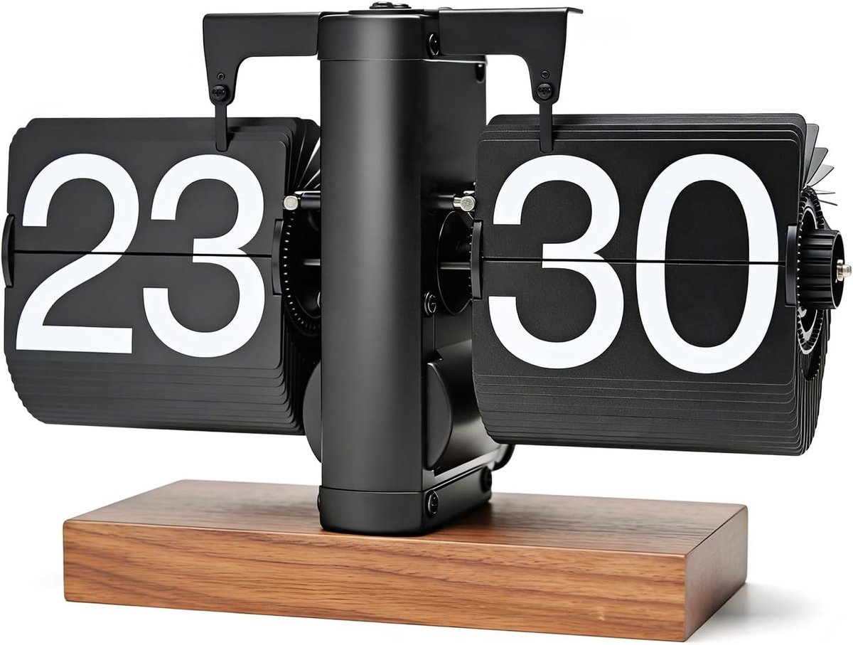 Vintage Retro Flip Clock - Zwarte Flipklok met Grote Cijfers en Houten Ondergrond, Digitale Tafelklok voor Woonkamer, Studie en Kantoor, 24 Uur Batterijgevoed