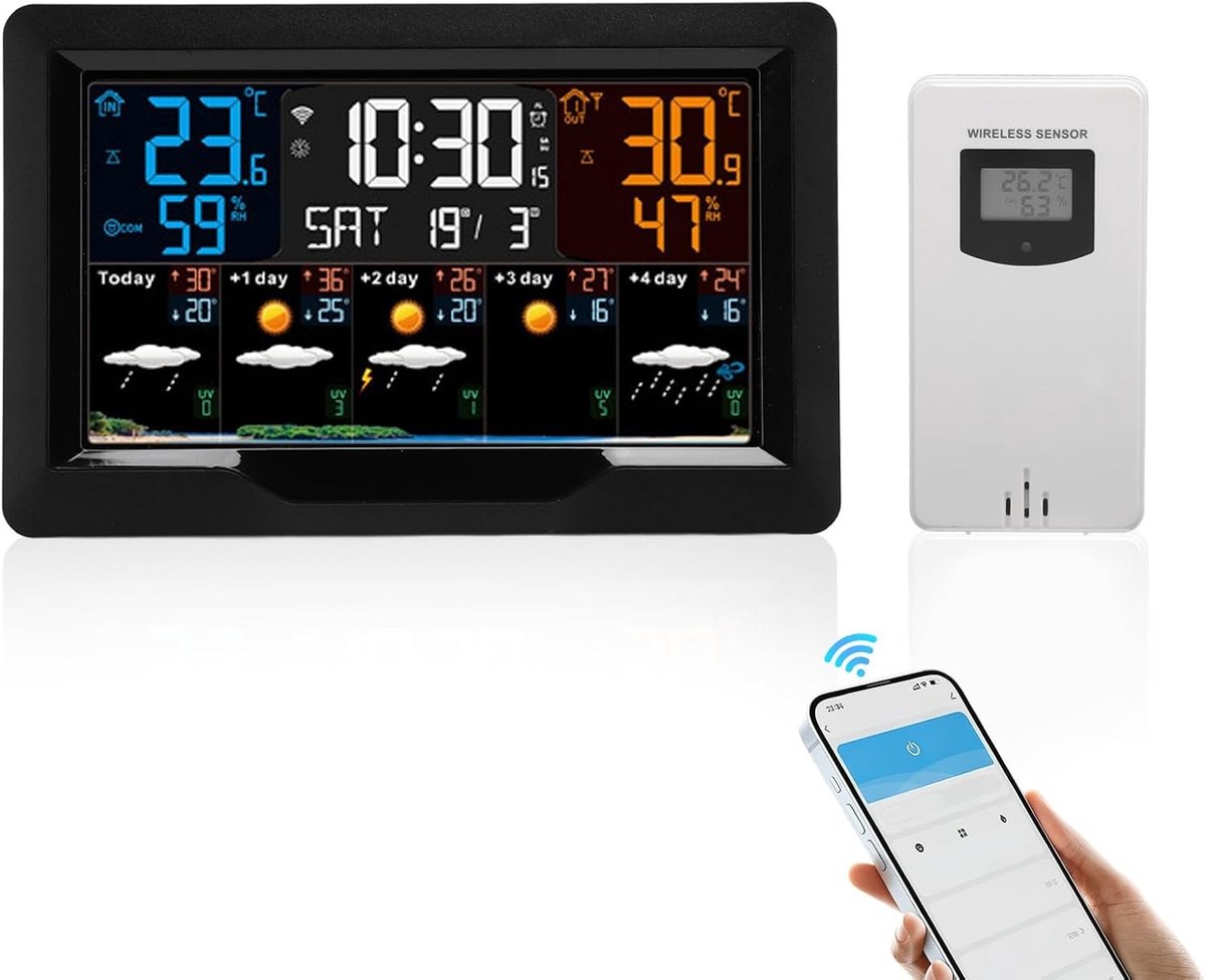 Slimme Weerkijker met Digitale Thermometer, Kleurendisplay, Luchtdrukmeter, Wind- en Vorstalarm, Tijd- en Datumnotatie, Weersvoorspelling en Temperatuurweergave