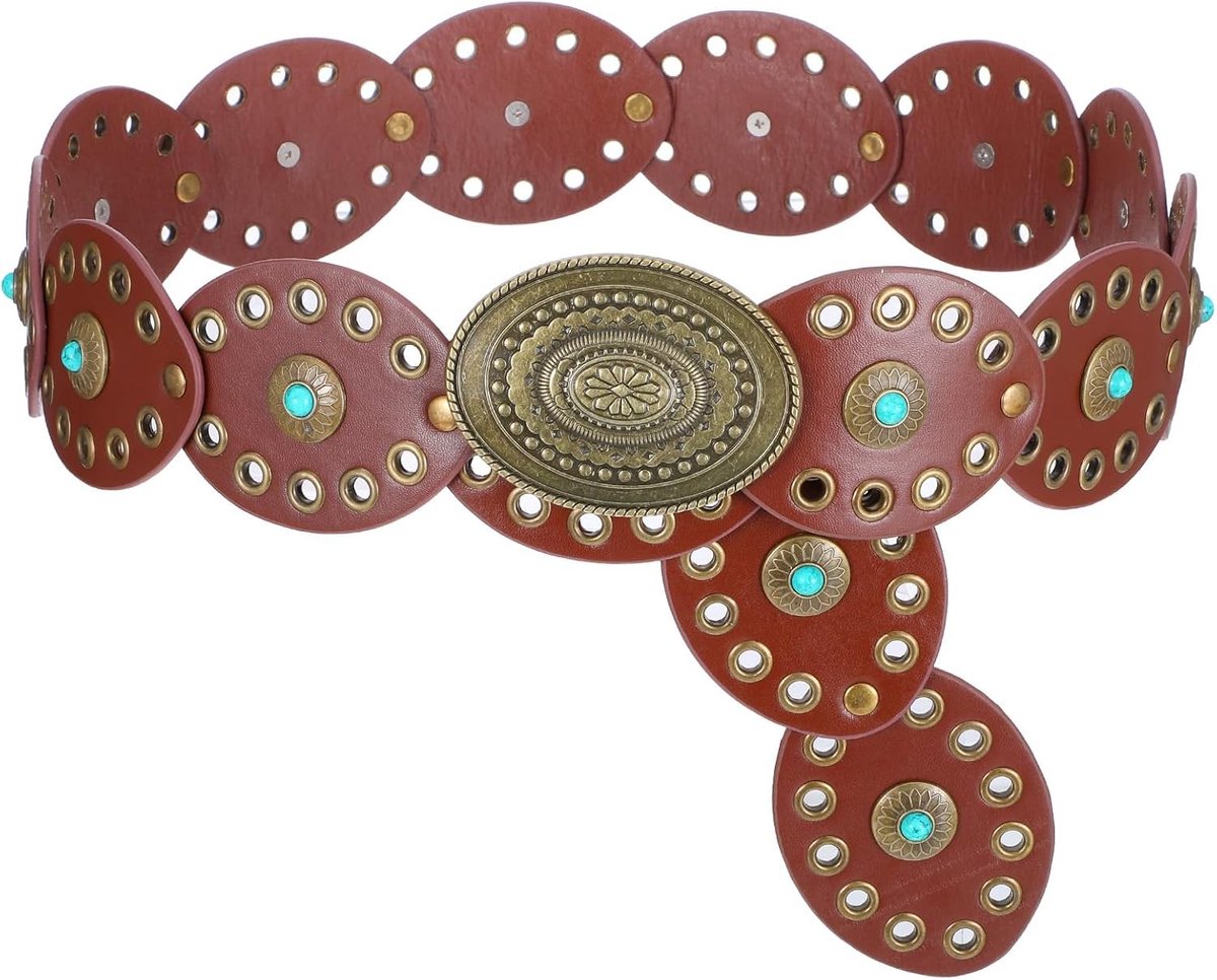 Cowgirl Riem 107 x 6 cm met Ronde Vintage Western Schijven - Boho Riem voor Dames, Verstelbare PU Leren Tailleband voor Jurk en Jeans, Perfect voor Cowgirl Outfit en Boho Stijl