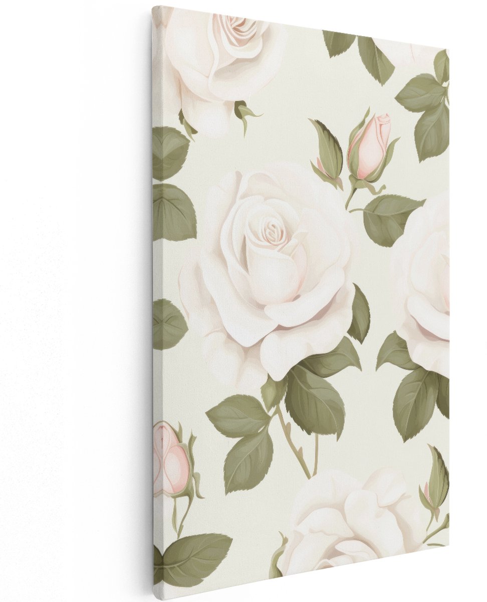 Artaza Canvas Schilderij Witte Rozen - 100x150 cm - Groot - Wanddecoratie Bloemen - Muurdecoratie Romantisch - Decoratie Vintage Bloesem