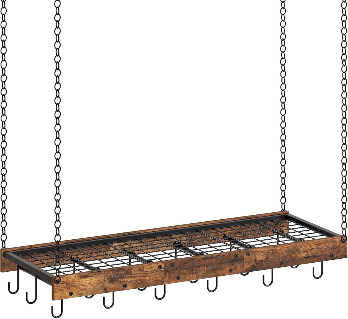 Hanging Pot Rack voor de Keuken, Muur- en Plafondmontage, Industrieel Stijl Kookgerei Organizer met 18 Haken, Ruimtebesparende Oplossing voor Pannen en Potten in Rustiek Bruin