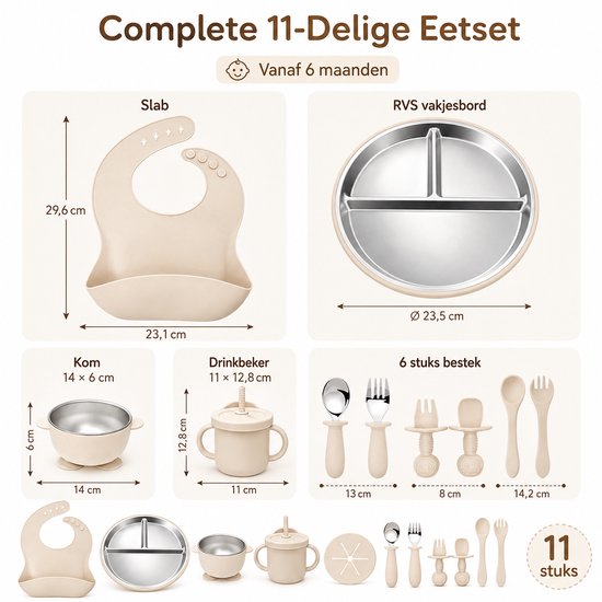 Baby Eetset 11-Delig Voedselveilig Siliconen En 304 Rvs - Slab, Borden, Kom En Bestek - Vanaf 6 Maanden - Met Zuignap - BPA Vrij - Voor Baby & Peuters - Beige wit — afbeelding 2