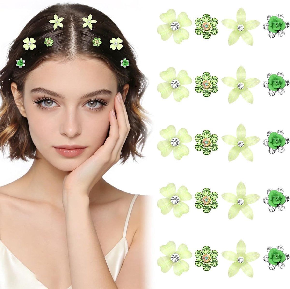 Gevlochten haarclip - Haarclips - 20 Stuks Haarspelden met Kristal-Strassteentjes - Antislip Mini Haaraccessoires voor Dames en Meisjes - Dagelijks Gebruik - Fashionable Bloemhaarclip - Groente