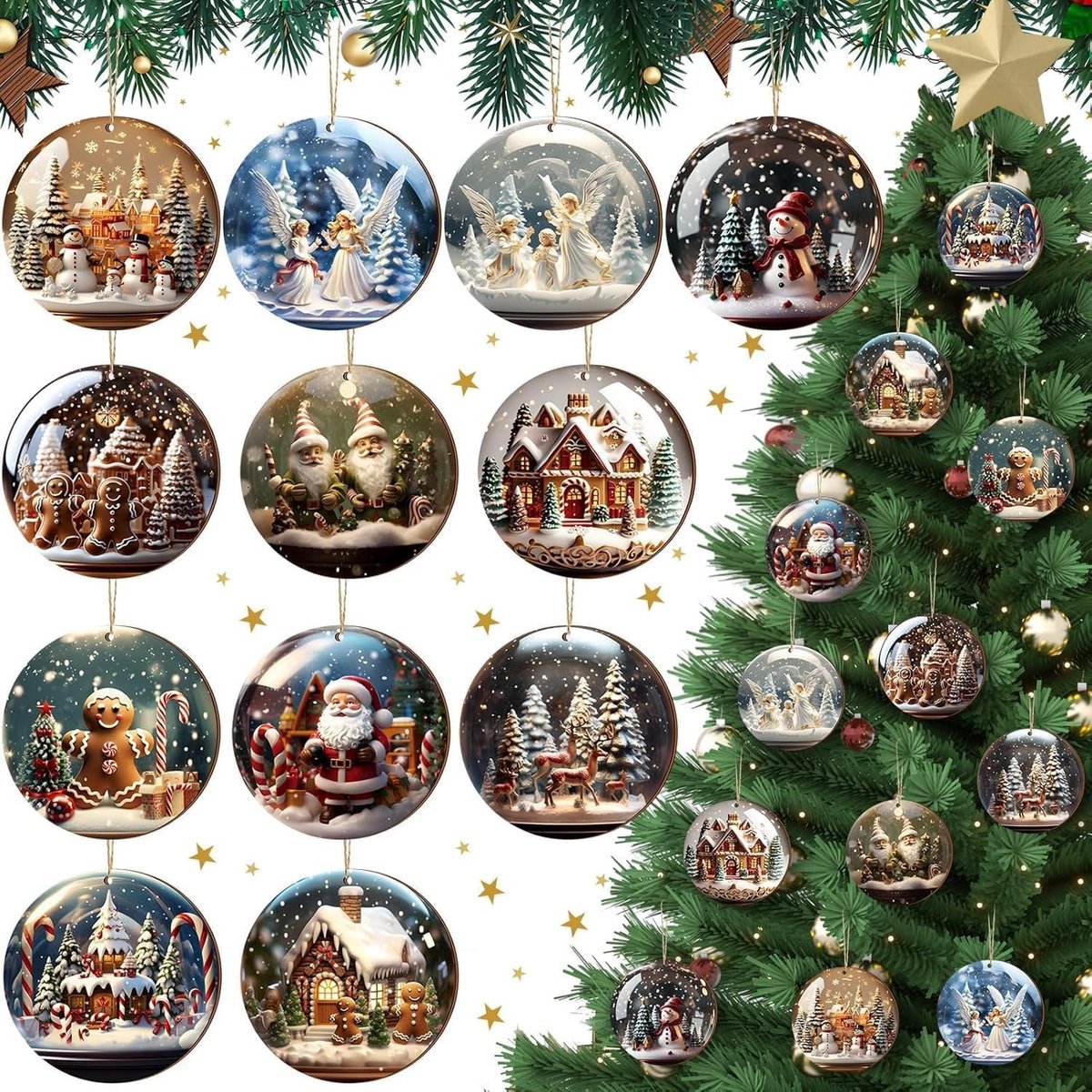 24 Houten Kersthangertjes voor de Kerstboom, Decoratie, Ornamenten en Versieringen van Hout