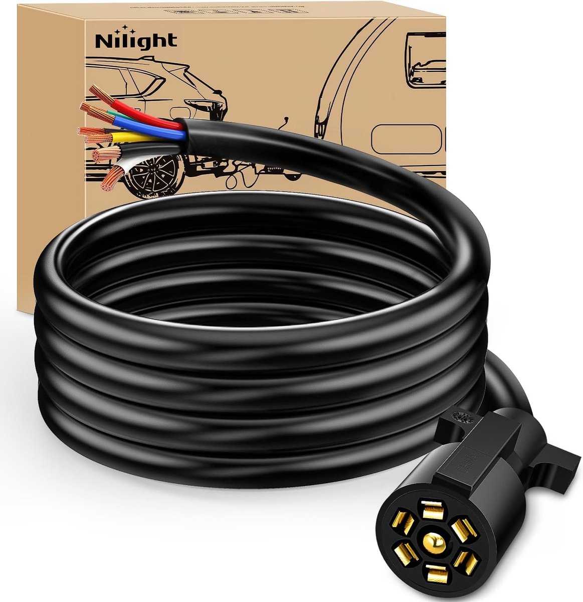 SnelShoppen - 7-Way 8 Voet Zware Kwaliteit Trailer Stekker Kabel voor Truck en Camper - Corrosiebestendig en Weerbestendig - 2.4m PVC Aansluitkabel
