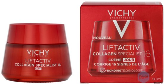 Rode Vichy pot met Liftactiv Collagen Specialist dagcrème en de verpakking ernaast.