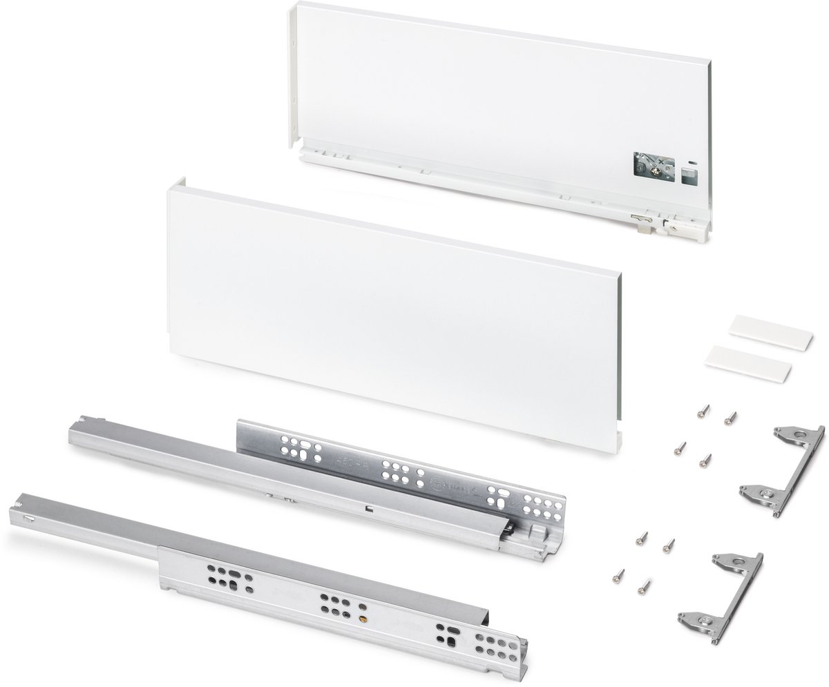 Emuca Protone buitenste lade 30kg , Geleiders met totaal openings- en dempingssysteem, hoogte 178mm, diepte 450mm, Staal, Wit gelakt