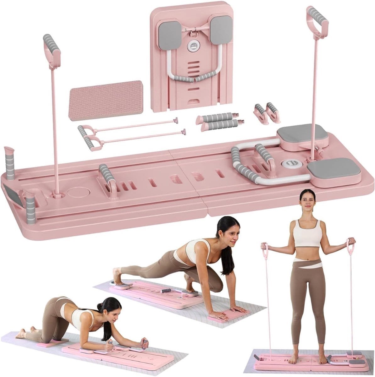 Klarven® Pilates Board - Pilates Reformer Board - Trainen van Buik, Core, Benen en Rug - Stevig en Compact - Roze - L 106 x B 40 x H 7 cm