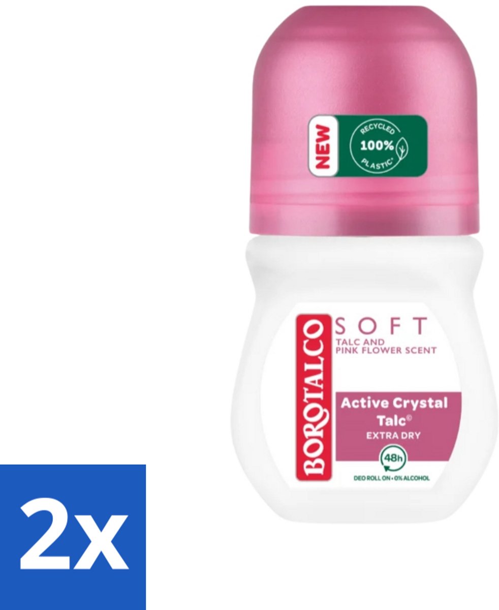 2 x Borotalco - Deodorant Roller - Soft - Talc & Pink Flower - 0% Alcohol - 50 ml - Borotalco Deodorant - Deodorant Roller - Antitranspirant - Talc Deodorant - Rozengeur