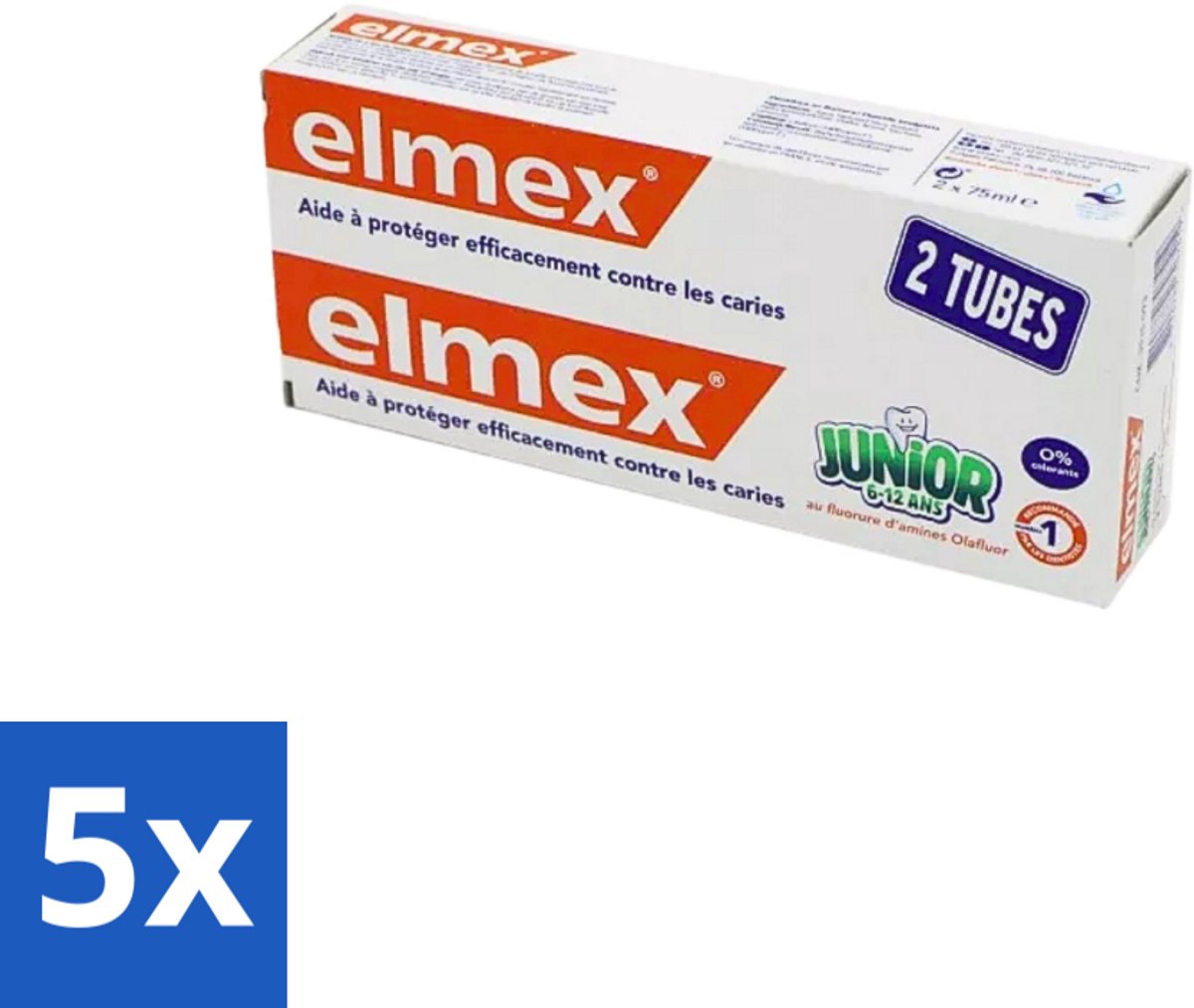 Elmex Junior Tandpasta - Bescherming & Versterking voor Blijvende Tanden - Set van 2 x 75ml - Bulkverpakking - 5 stuks