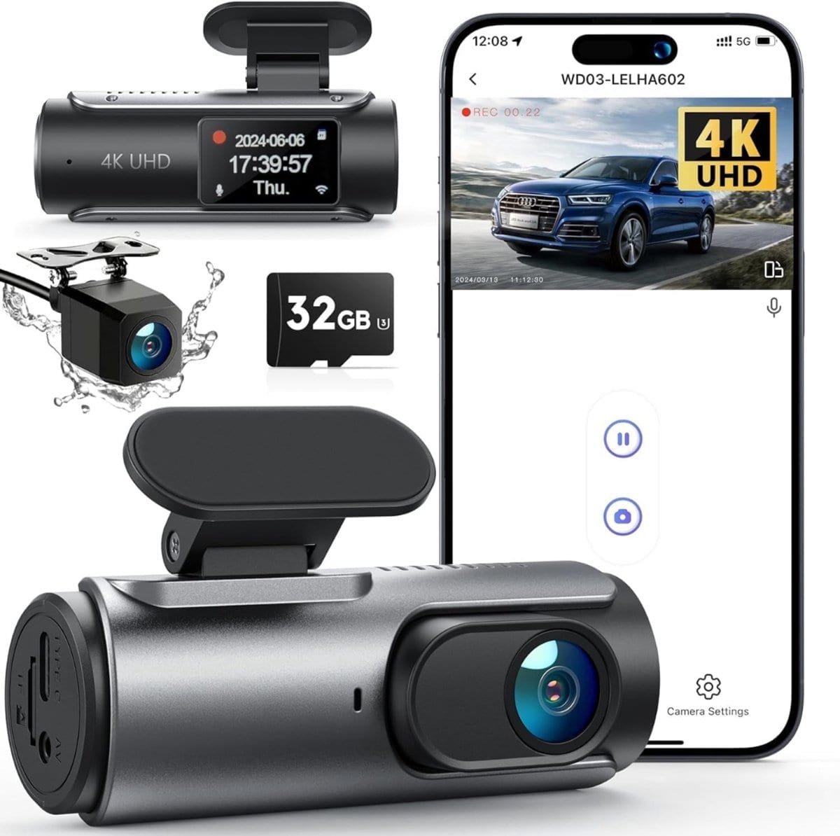 Klarven® Dashcam Zwart - Voor en Achter - Ultra HD 4K Front en 1080P Achter Camera - WiFi App Bediening en Nachtzicht