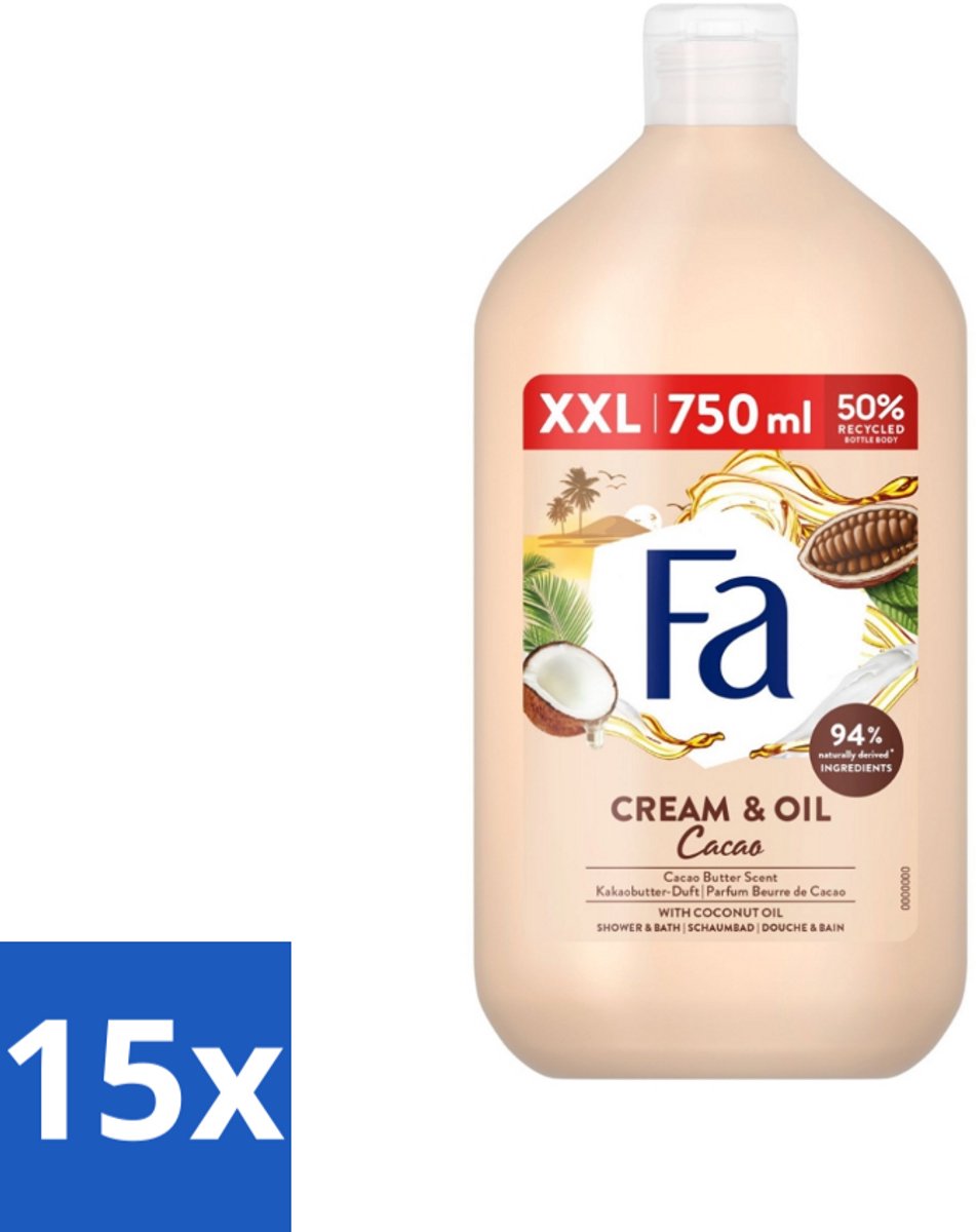 Fa - Cream & Oil Cacao - Bad- & Douchegel - Cacaoboter Met Kokosolie - 750 ml - Bulkverpakking - 15 stuks