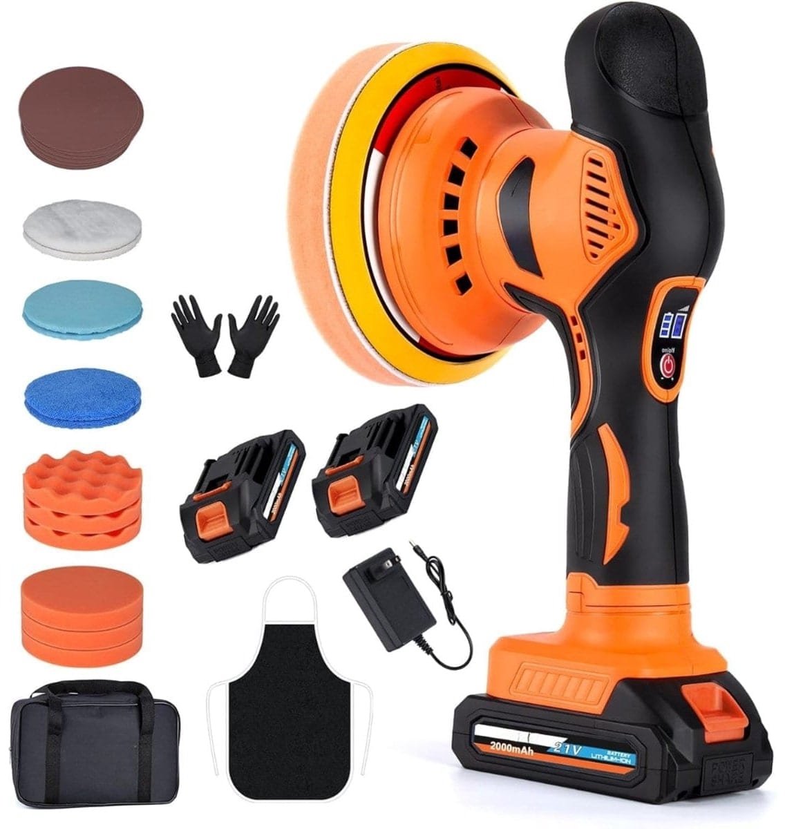 Klarven® Polijstmachine - Polijstmachine Auto - Draadloos, 6 Snelheden, Set met 2 Accu's - Oranje - Ø 6 inch pad
