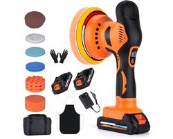 Klarven® Polijstmachine Oranje - Polijstmachine Auto - Car Polisher - Draadloos, 6 Snelheden - Set met 2 Accu's