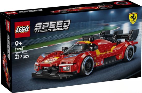 Boîte LEGO Speed Champions avec une voiture de course Ferrari 499P rouge, numéro 51, sur un circuit.