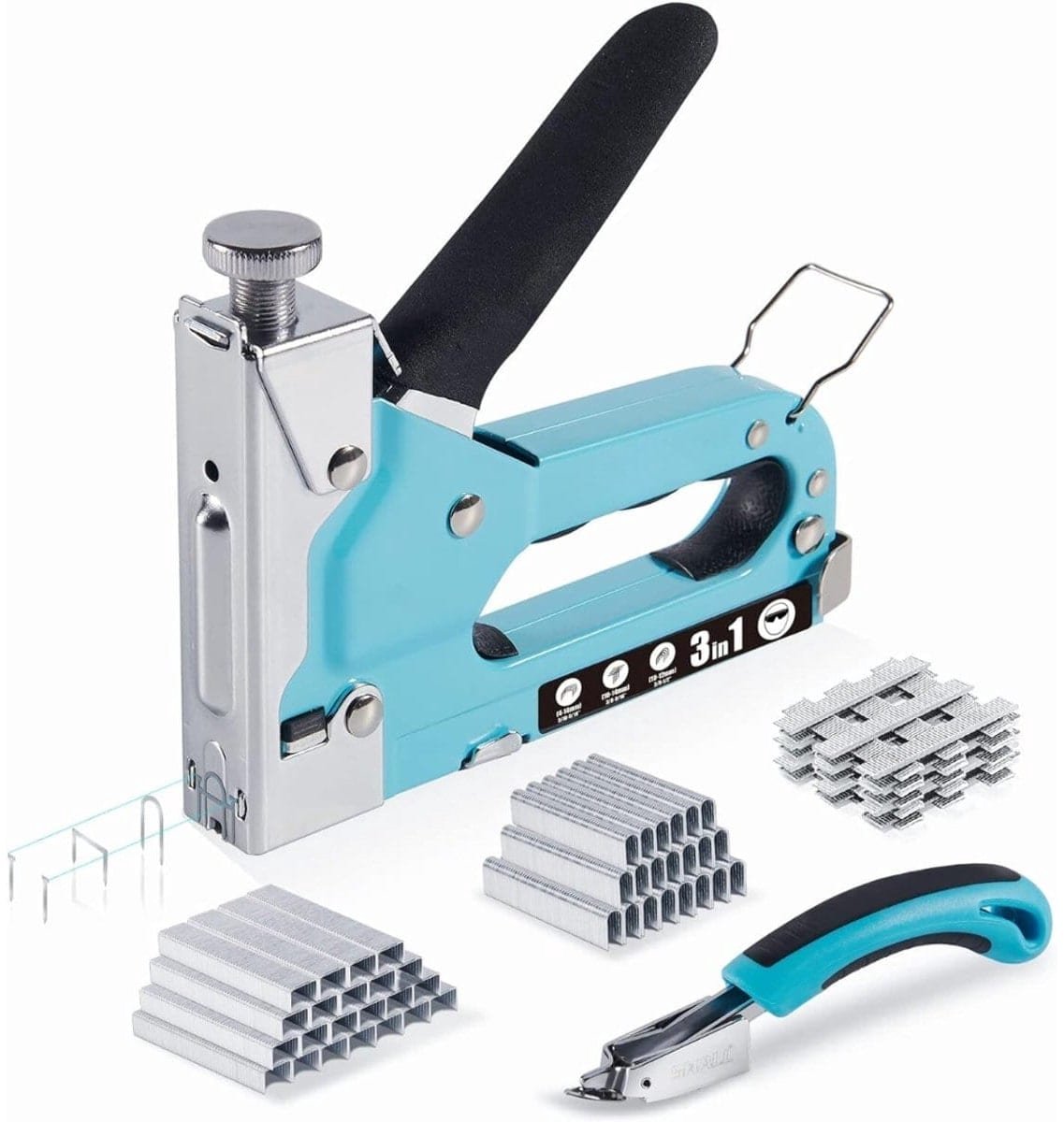 Klarven® Nietpistool Blauw - 3-in-1 Tacker voor Hout en MDF - Instelbare Schietkracht, Inclusief 3000 Nietjes en Klemverwijderaar - B 18 x D 4 x H 19 cm