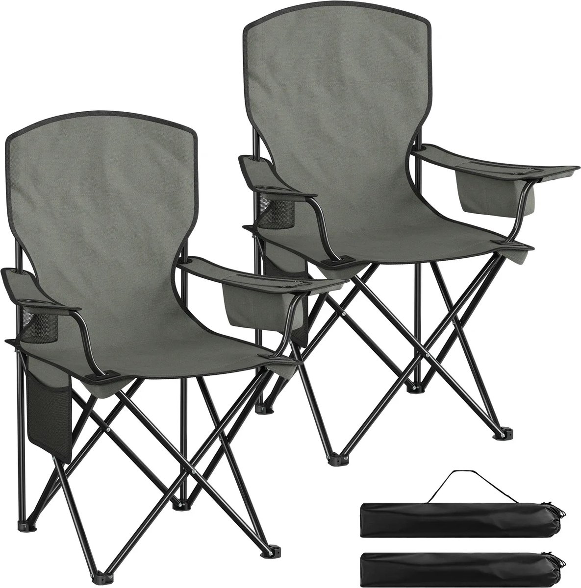 Klarven® Campingstoel Donkergrijs - Opvouwbaar, Set van 2, Lichtgewicht met Bekerhouder en Draagtas - Stabiel tot 120 kg, Antislip Poten - B 48 x D 82 x H 78,5 cm
