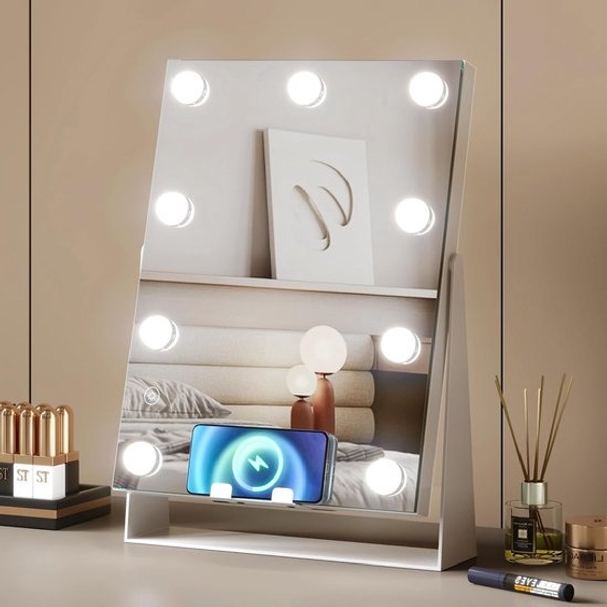 Make-upspiegel met draadloos opladen - Hollywood stijl verlicht - 9 dimbare ledlampen - 3 kleurverlichtingsmodi - touchscreen bediening - 360 graden rotatie - wit