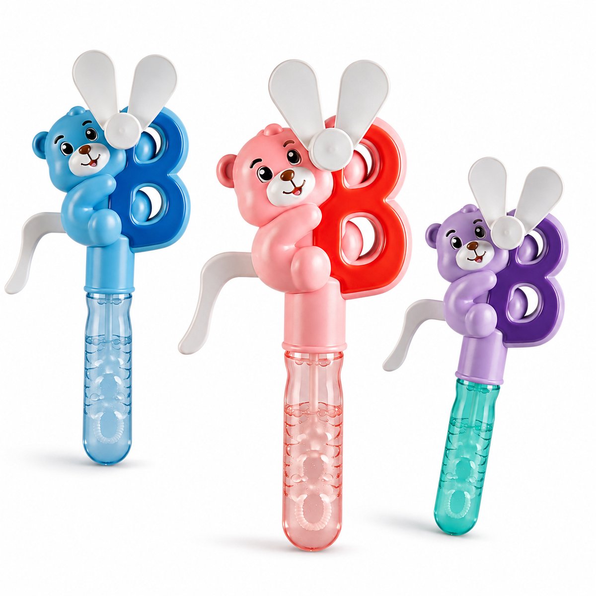 SEZGoods Bubble Bear – 3 Stuks Bellenblaas voor Kinderen – Blauw, Roze & Paars – Handmatige Bubbelmachine met Ventilator