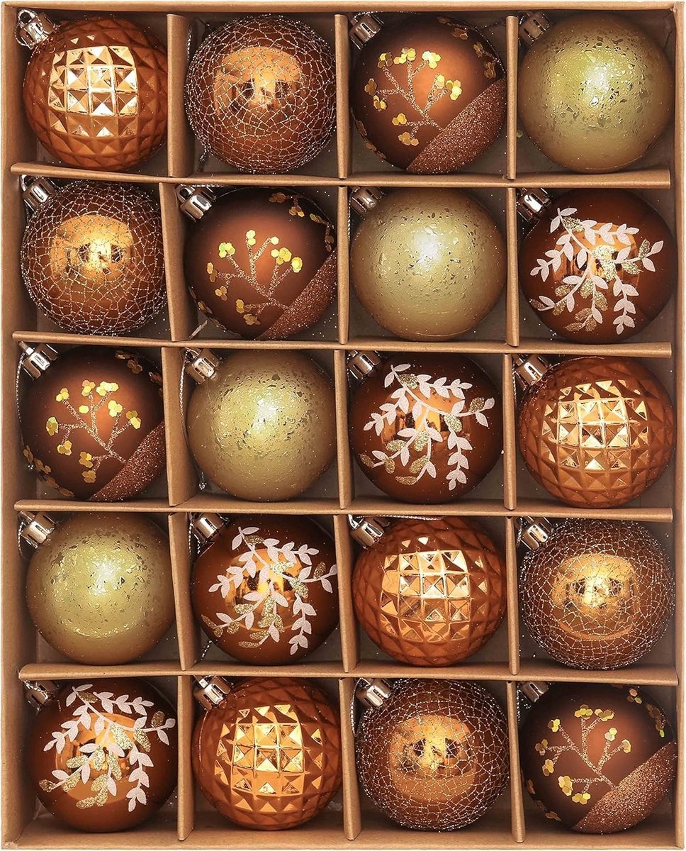 20 Stuks 5 cm Plastic Kerstballen Set met Hanghaak - Bronzen Kerstboomdecoratie in Waldland Thema