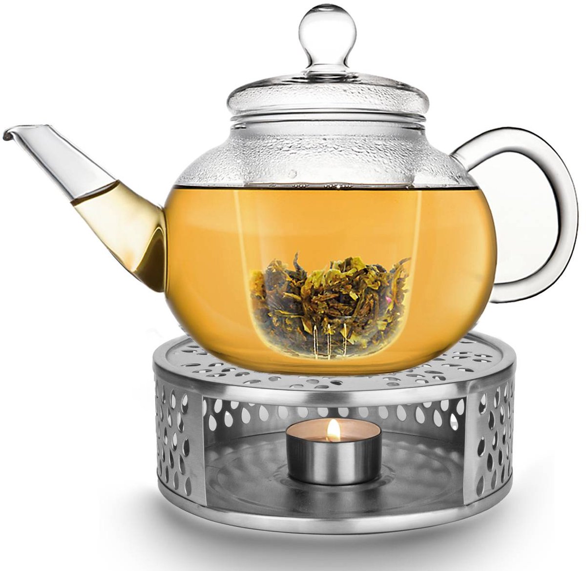 Creano glazen theepot 1,2l met glazen zeef en zilveren theelicht "Leaf"