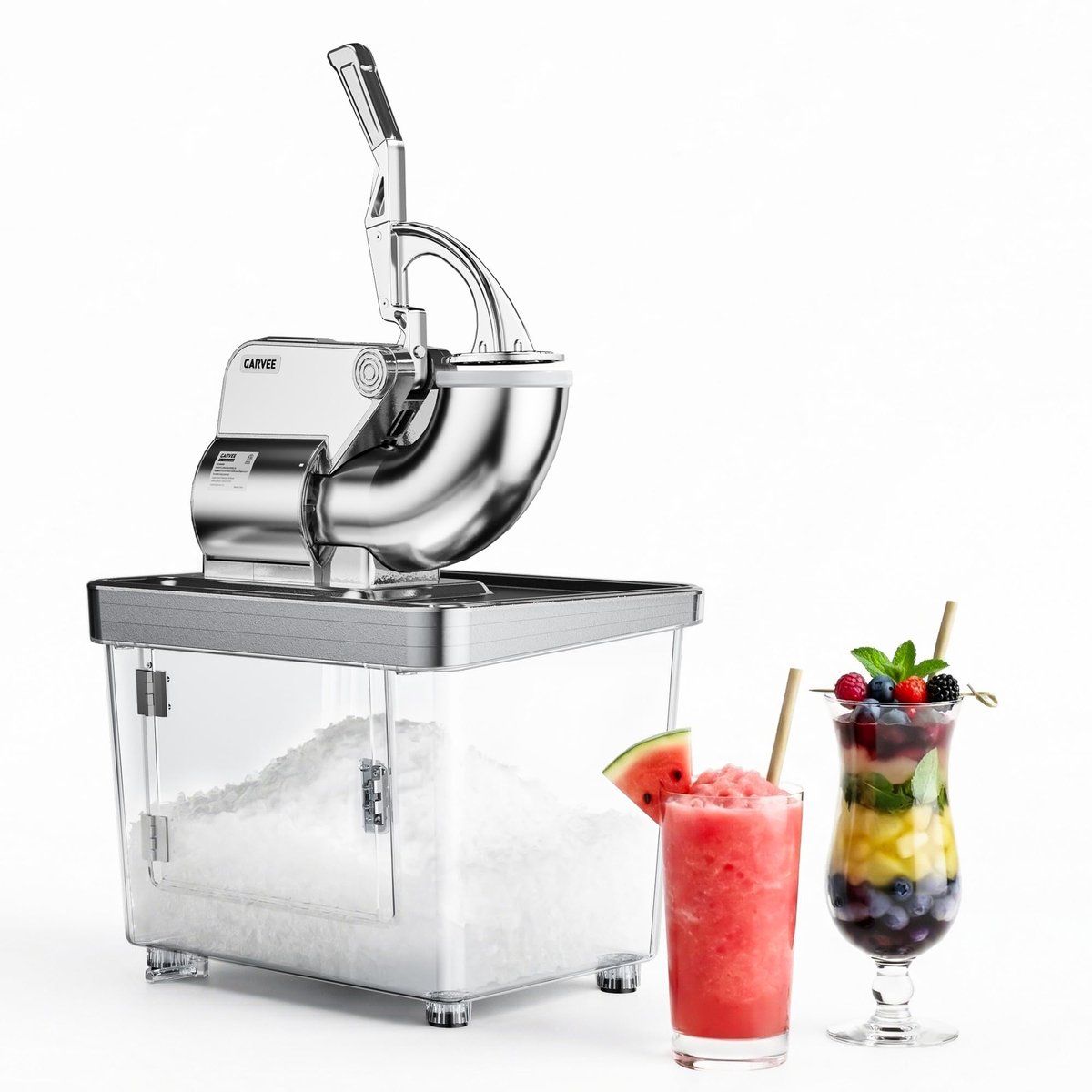 Elektrische IJscrusher - 300kg/u - IJsrasp - Professionele Schaafijsmachine met 300W Motor En 1450RPM - 4 RVS Messen - 34L Reservoir - Veiligheidsschakelaar - Voor Thuis En Horeca - Zilver