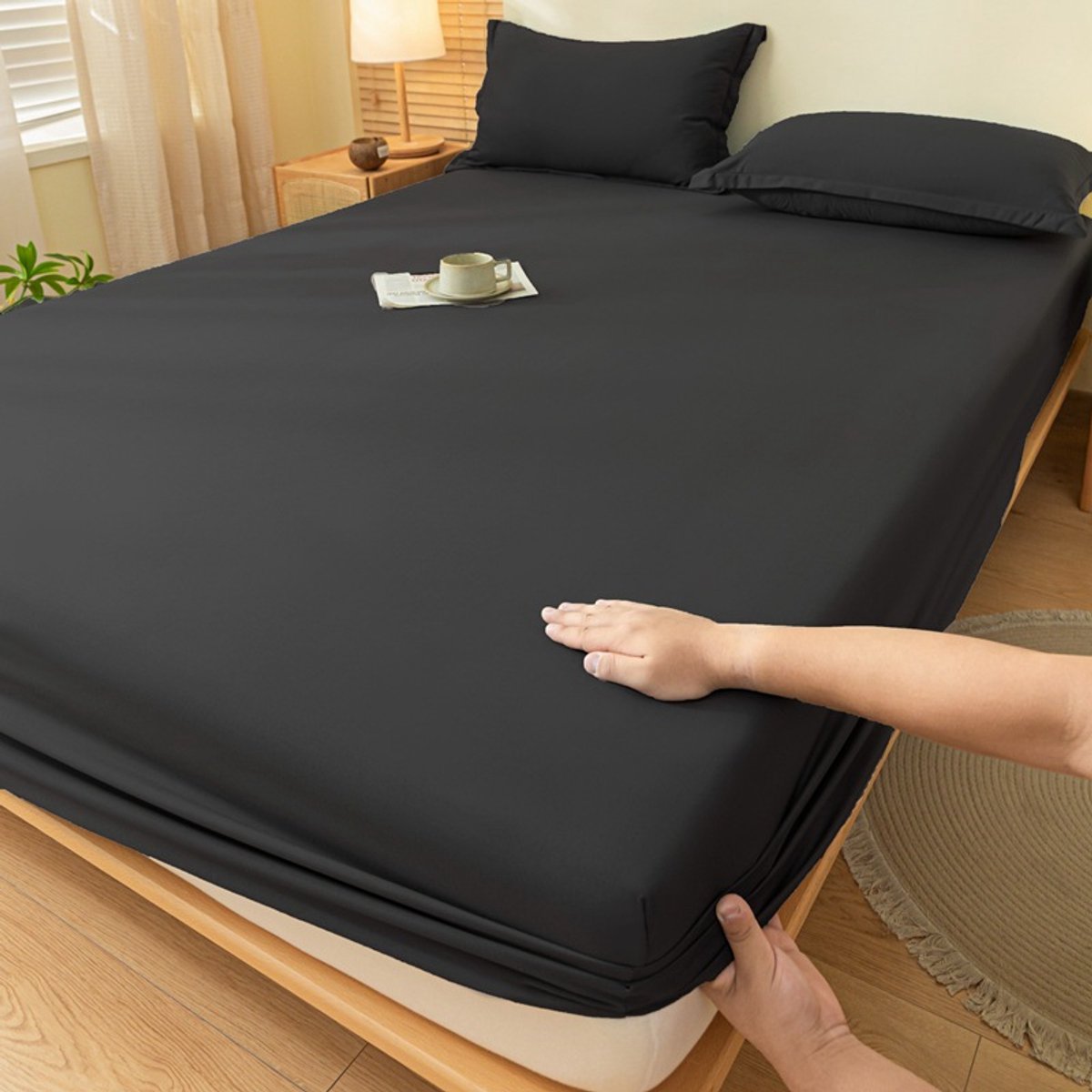 Hoeslaken, dekbedovertrek, effen katoenen sprei, matrashoes (1 stuk)-zwart-90*200cm