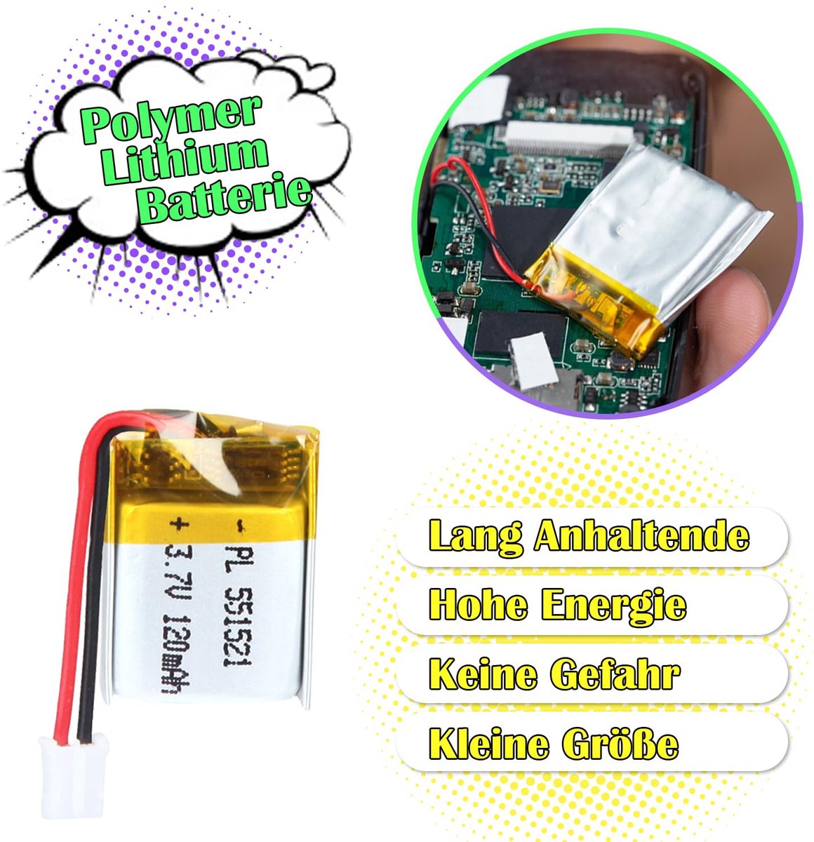3,7 V 120 mAh batterij 551521 lithium-polymeer-ion-lithium-ion Li-Po-accu met 2P-PH-aansluiting met 2,0 mm rastermaat - ShopVlot
