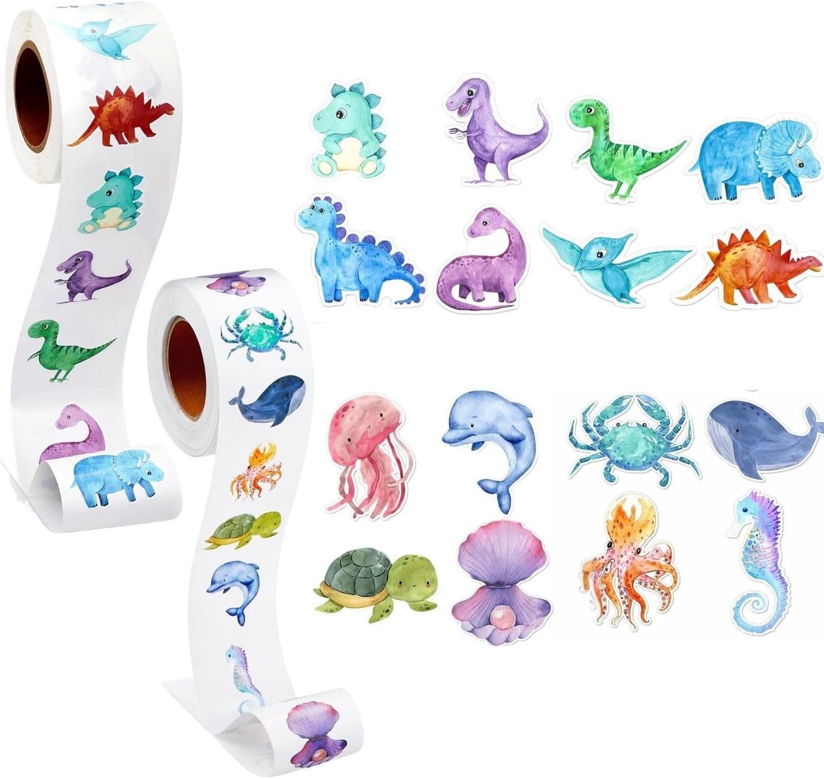 1000 Rond Dieren Stickers (16 Modellen) voor Kinderen, Schattige Stickers met Dinosaurus en Zeedieren