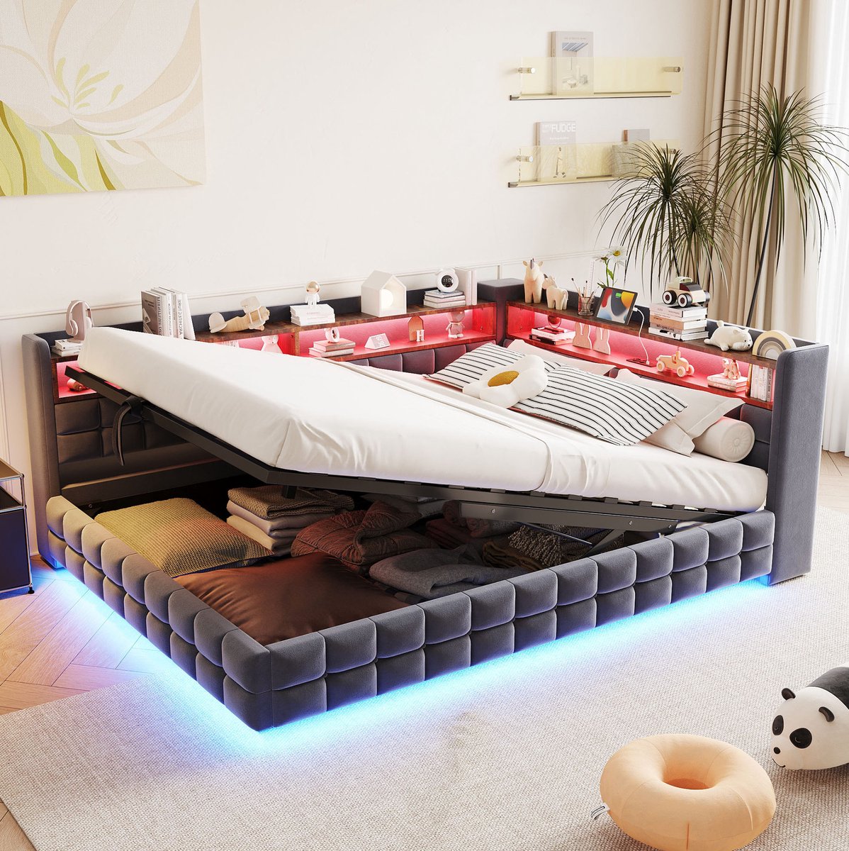 COVREO Slaapbank 140x200 cm grijs stof, met opbergruimte en LED